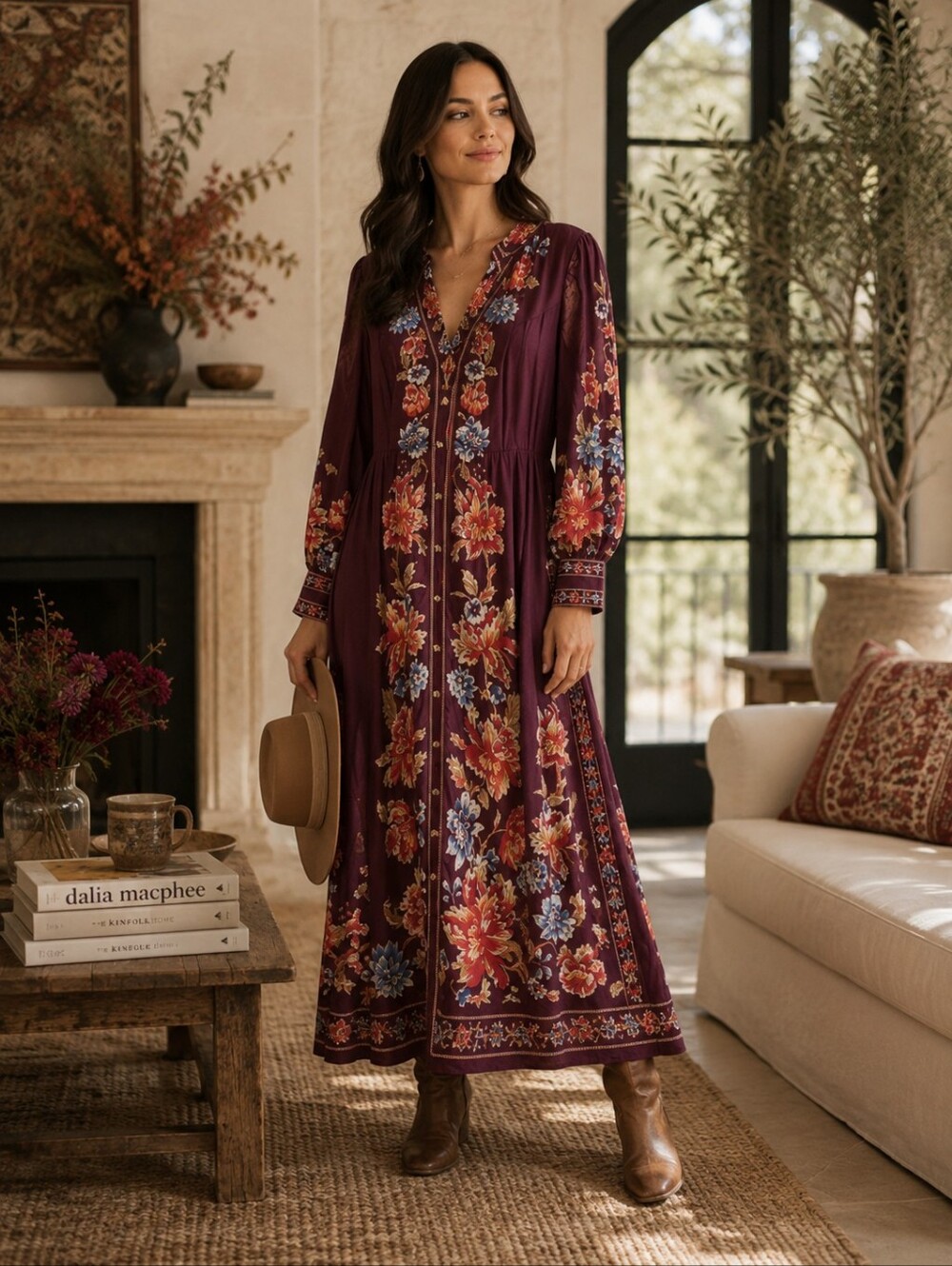 DALIA MACPHEE New Floral Button Front Midi Dress Long Sleeve Crimson LARGE